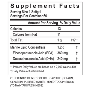 Supplement facts label for Transformation Enzymes Essential Fatty Acid Fish Oil Concentrate EFA 1200mg showing serving size, daily values, and ingredients.