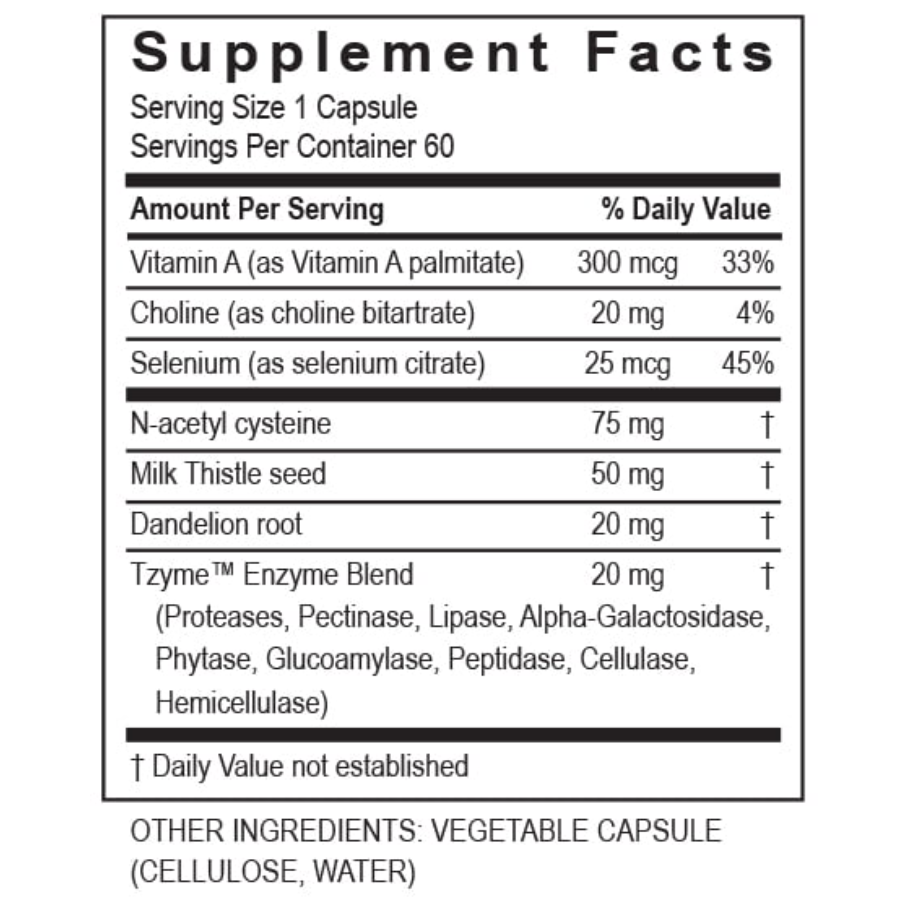 Supplement facts for Transformation Enzymes Liver Support, N-Acetyl Cysteine, herbs, enzymes, 60 capsules.