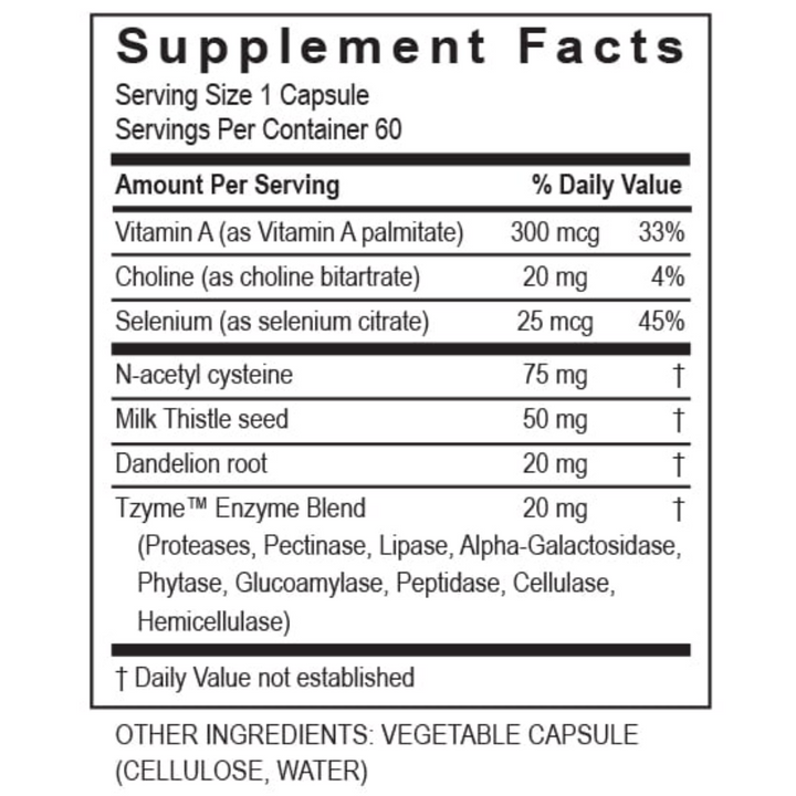 Supplement facts for Transformation Enzymes Liver Support, N-Acetyl Cysteine, herbs, enzymes, 60 capsules.