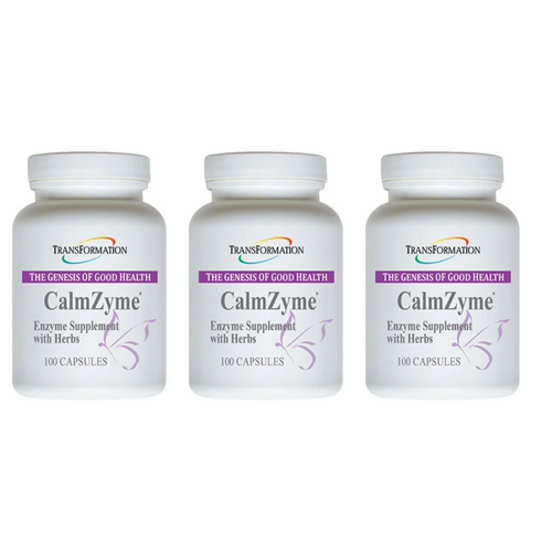 Transformation Enzymes CalmZyme Enzymes Supplement 3-pack bottles with herbs for stress relief, 100 capsules each.