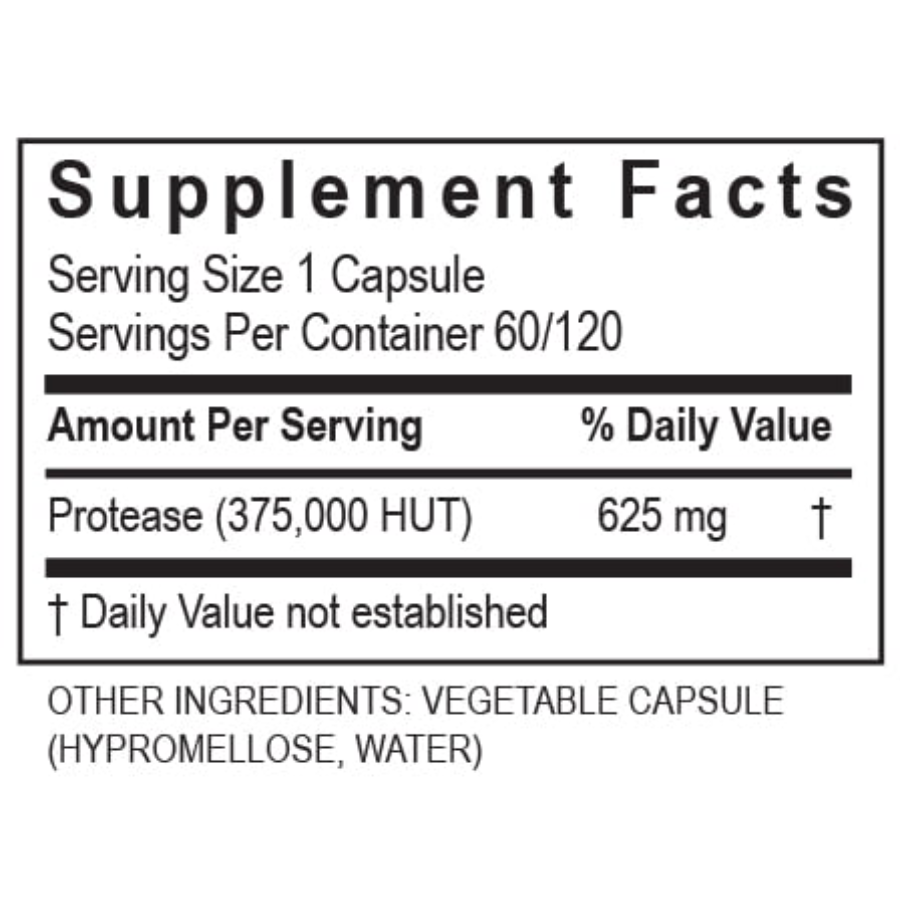 Supplement facts label for Transformation Enzymes Protease 375K, showing enzyme amount per capsule and ingredients.