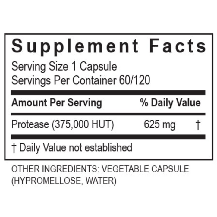 Supplement facts label for Transformation Enzymes Protease 375K, showing enzyme amount per capsule and ingredients.