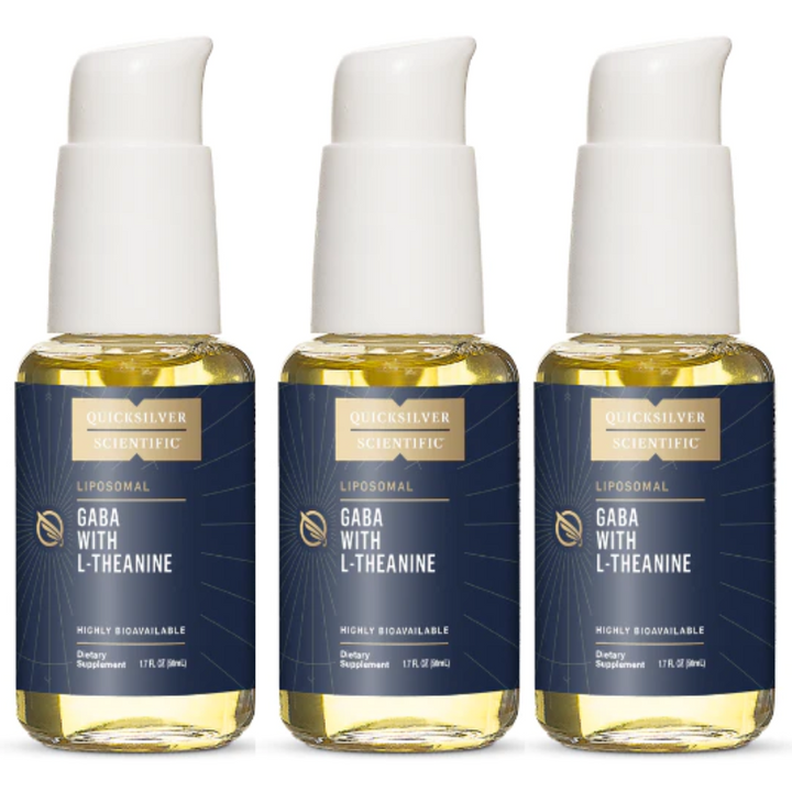 Quicksilver Scientific GABA L-Theanine 3-pack bottles for stress reduction and calmness.