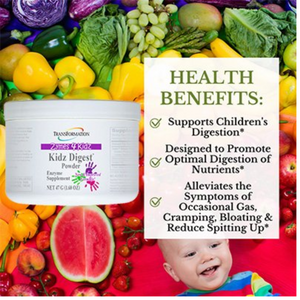 Transformation Enzymes Zymes 4 Kidz Digest Powder Enzymes Supplement with health benefits for children's digestion, nutrient absorption, and alleviating symptoms of gas and bloating.