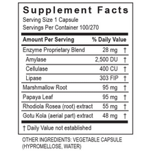 Load image into Gallery viewer, Supplement facts for Transformation Enzymes GastroZyme Relief Gastrointestinal capsules, highlighting enzyme proprietary blend and other ingredients.
