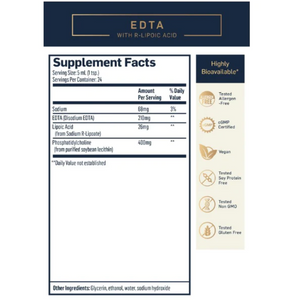 Supplement facts label for Quicksilver Scientific EDTA with R-Lipoic Acid, highlighting ingredients and certifications.