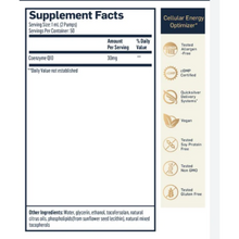 Load image into Gallery viewer, Supplement facts for Quicksilver Scientific CoQ10 Liposomal Pump CoEnzyme 30mg, 50 servings, allergen-free, vegan, gluten-free.
