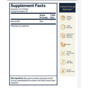 Supplement facts for Quicksilver Scientific CoQ10 Liposomal Pump CoEnzyme 30mg, 50 servings, allergen-free, vegan, gluten-free.