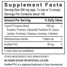 Load image into Gallery viewer, Supplement facts label for Transformation Enzymes Zymes 4 Kidz Digest Powder Enzymes Supplement, showing enzyme blend, Bifidobacterium infantis, and Sunfiber AG.
