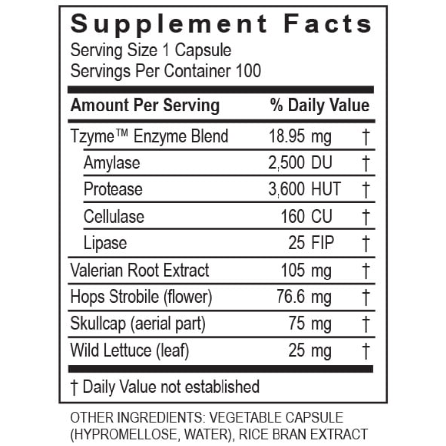 Supplement facts label for Transformation Enzymes CalmZyme with herbs, 100 capsules.