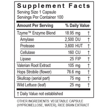 Load image into Gallery viewer, Supplement facts label for Transformation Enzymes CalmZyme with herbs, 100 capsules.
