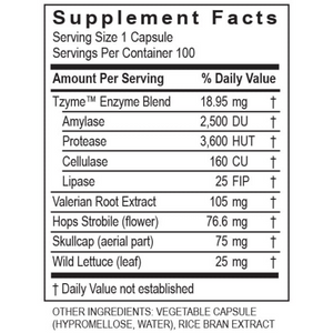 Supplement facts label for Transformation Enzymes CalmZyme with herbs, 100 capsules.