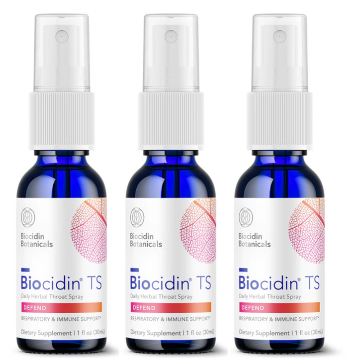 Spray para la garganta Biocidin TS para promover el bienestar diario y el apoyo estacional. Paquete de 3 unidades de 1 oz.