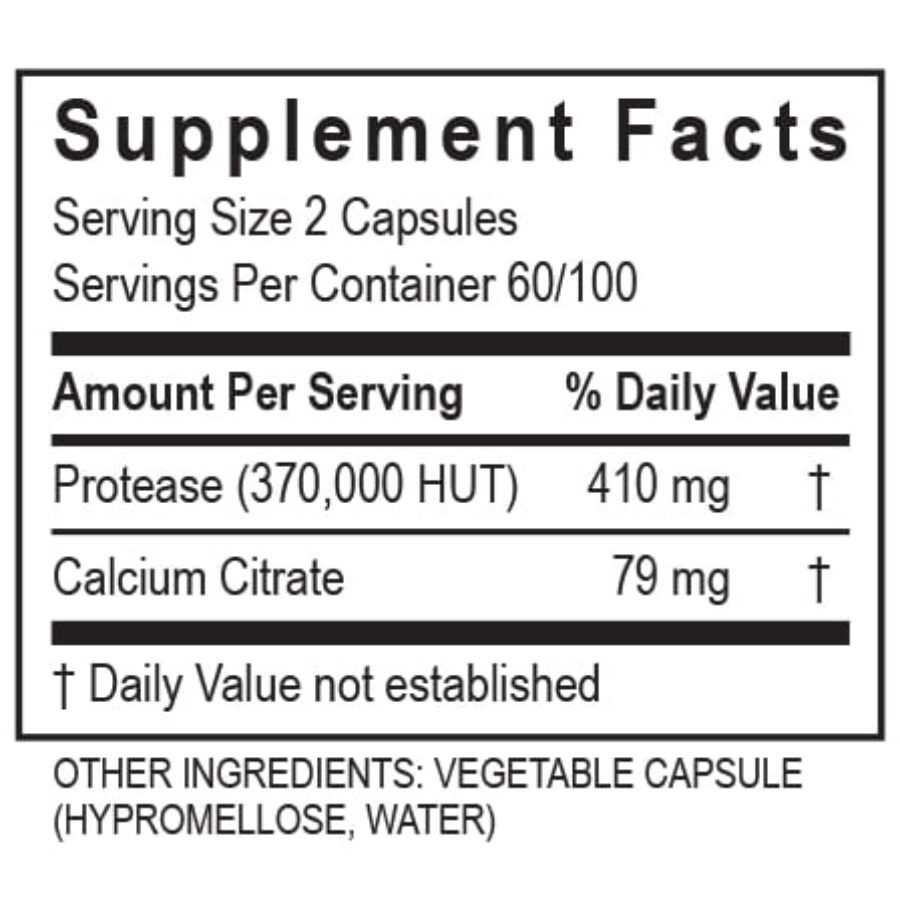 Supplement facts for Transformation Enzymes PureZyme capsules displaying serving size, protease and calcium citrate content.