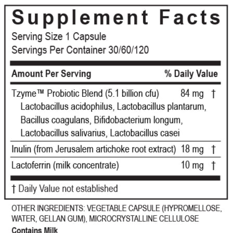 Supplement facts label for Transformation Enzymes Probiotic Gastrointestinal Health Supplement 120 Caps, detailing probiotic blend and ingredients.