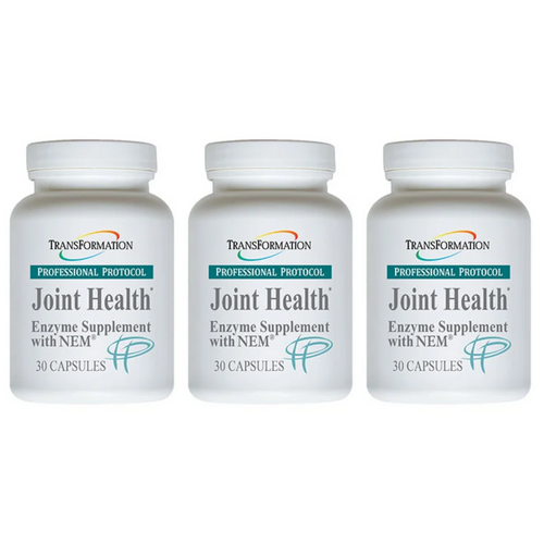 3-pack Transformation Enzymes Joint Health supplement with NEM, 30 capsules each, supports joint comfort and flexibility.