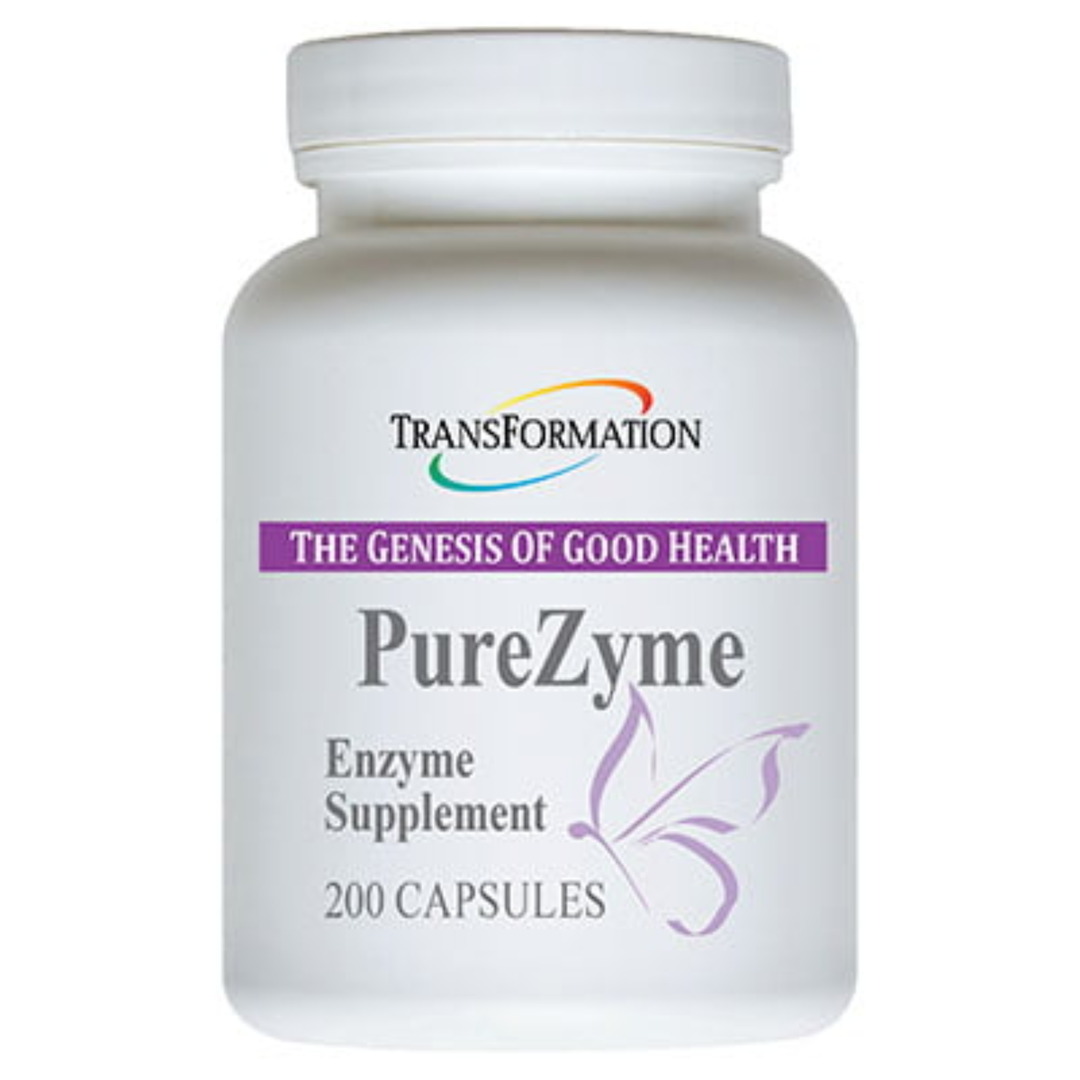 Transformation Enzyme DigestZyme PureZyme enzyme supplement bottle with 200 capsules for good health.