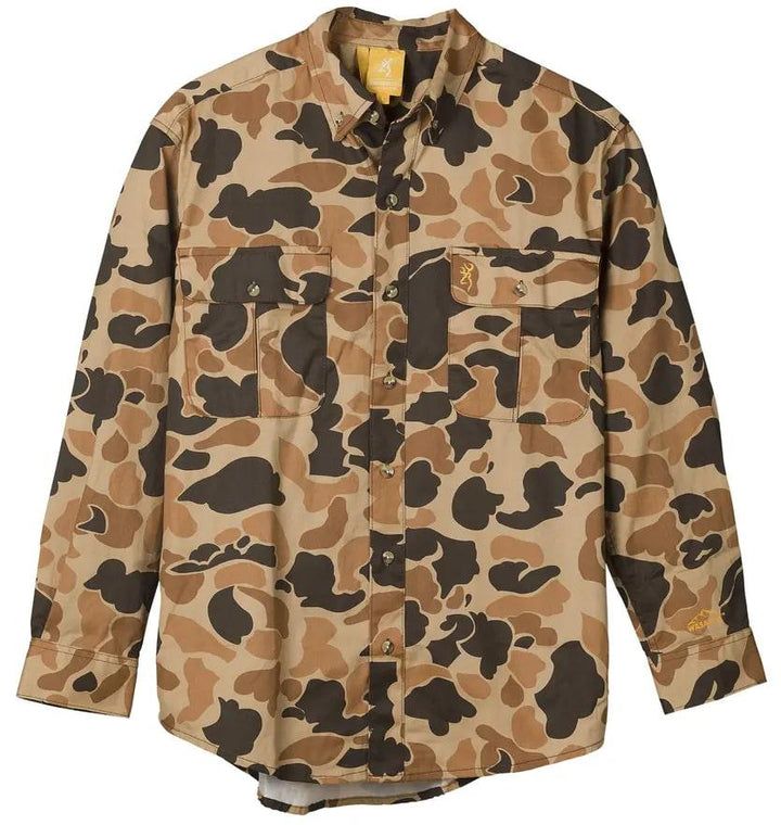 Browning Wasatch CB Shirt Button Front Two Pocket Vintage Tan Camo Gear S