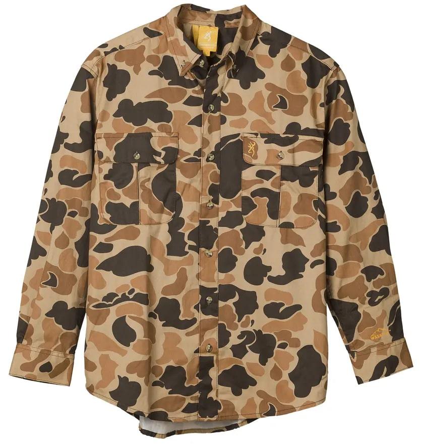 Browning Wasatch CB Shirt XL Vintage Tan Camo Button Front 2 Pocket Durable