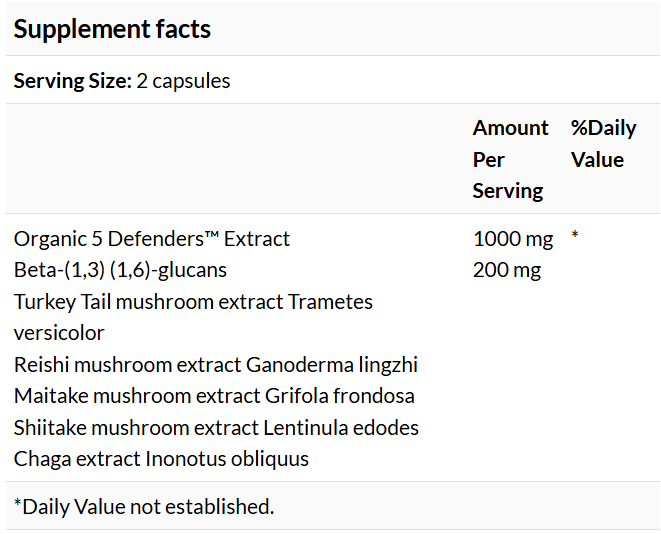 Real Mushrooms 5-Defenders Mushroom Extract Powder supplement bottle back showing quality commitment and nutritional information.