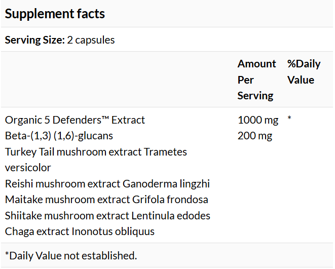 Supplement facts for Real Mushrooms 5-Defenders Mushroom Extract showing ingredients and nutritional information.