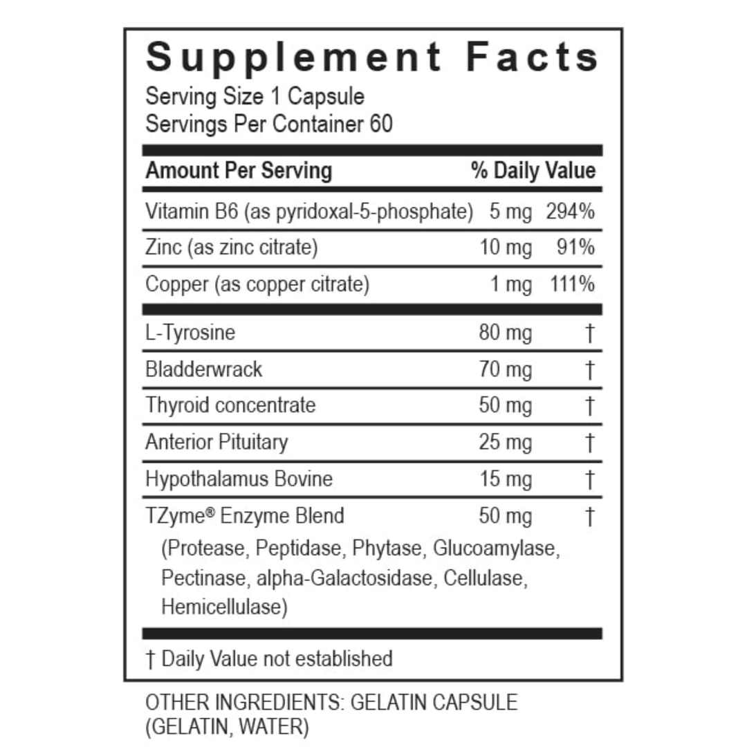 Supplement Facts for Transformation Enzymes PARA Digest 90 Protease 60 Probiotic 30 and Thyroid Complex 60.