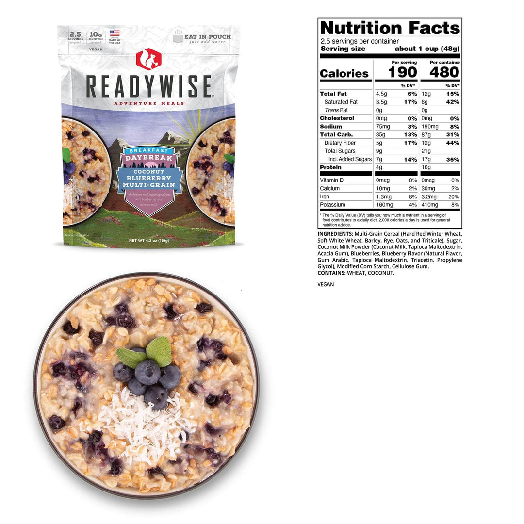ReadyWise Daybreak Coconut Blueberry Multigrain Meal Pouch 4 oz Quick Prep