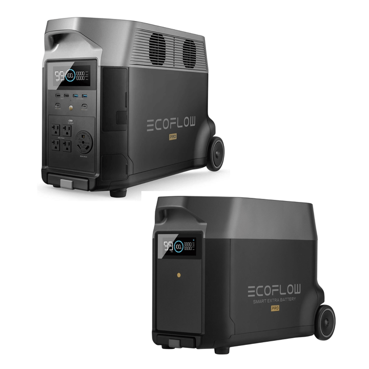 EcoFlow DELTA Pro Power Station 3600Wh + DELTA Pro Extra Battery showcasing durable design and multiple ports.