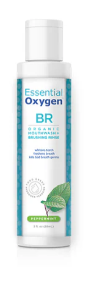 Enjuague bucal Essential Oxygen de 3 oz que promueve un aliento fresco y la salud bucal.