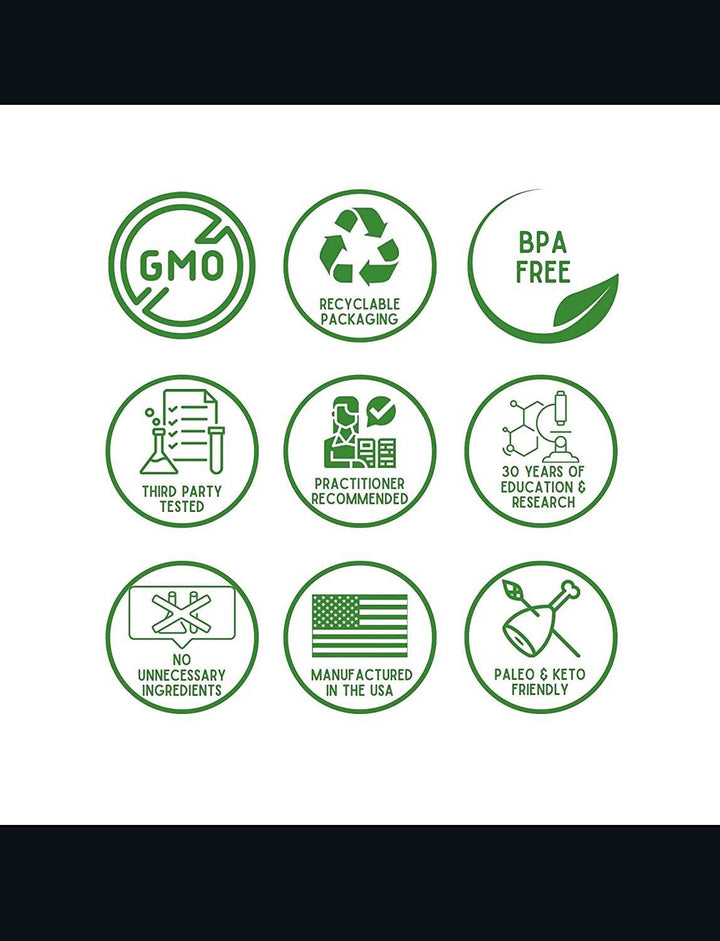 GMO-free, recyclable packaging, BPA-free, third-party tested, practitioner recommended, 30 years of research, no unnecessary ingredients, made in the USA, paleo & keto friendly icons.