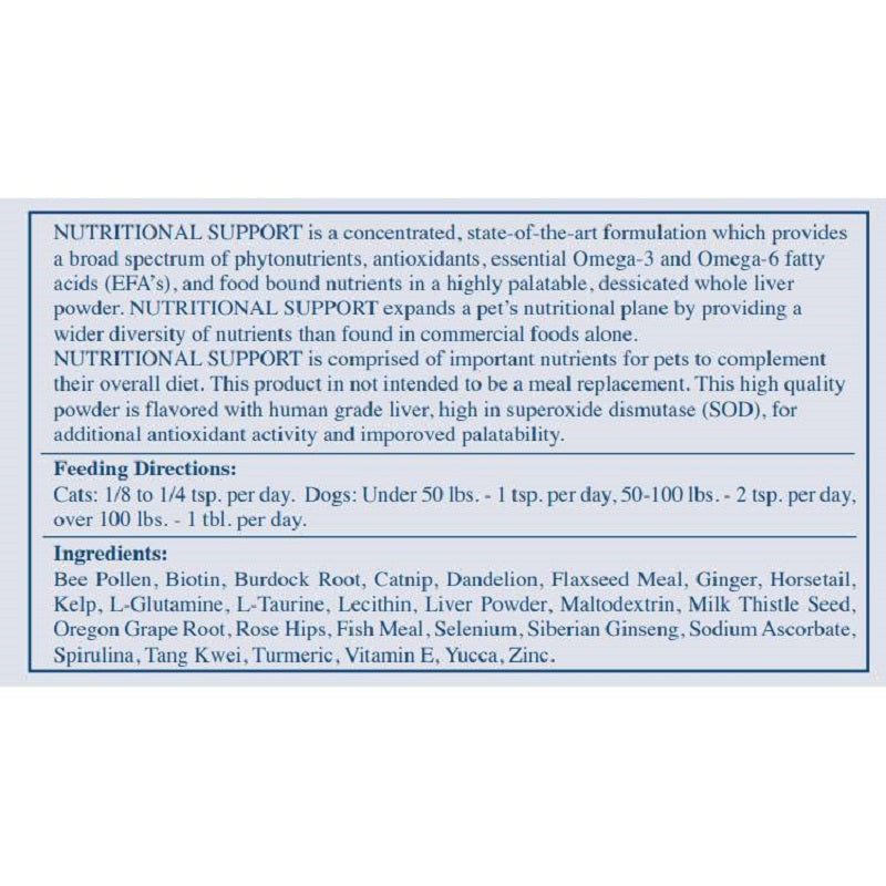 Rx Vitamins For Pets Nutritional Support supplement ingredients and feeding directions for pets.