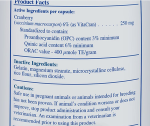 Rx Vitamins For Pets Cranberry Rx UTI Treatment capsule ingredients and cautions label.