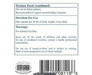 Cats kidney function support supplement, Rx Vitamins for Pets, 120 capsules, 3 pack, label with product facts and warnings.