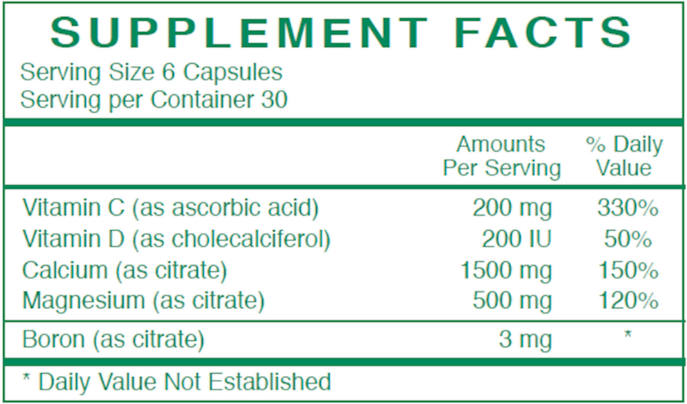 Supplement facts for Rx Vitamins For Human Bone Density Formula 180 Caps, highlighting vitamin and mineral content.