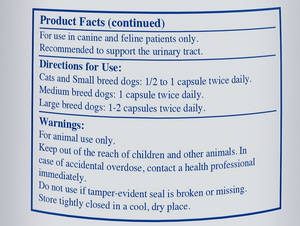 Rx Vitamins For Pets Cranberry UTI Treatment label showing usage directions and warnings for pets.