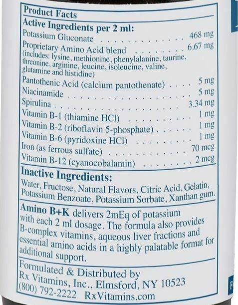 Vitaminas Rx para mascotas Amino B+K 4 onzas líquidas Complejo B Potasio para perros y gatos