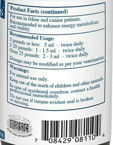 Rx Vitamins For Pets Amino B-Plex 4 Oz Vitamin Supplements 3 Pack label showing recommended usage and warnings for feline and canine energy metabolism.