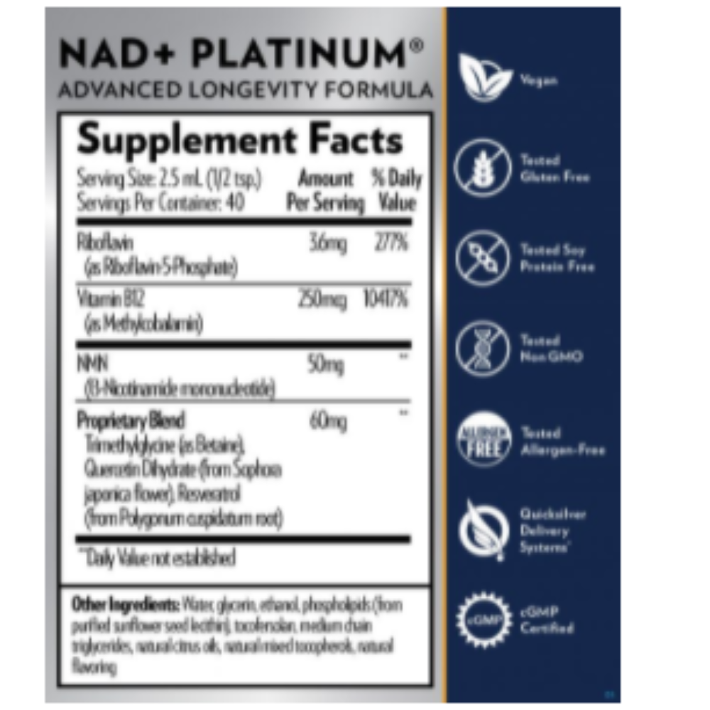 Quicksilver Scientific NAD+ Platinum supplement facts label, advanced longevity formula, 100 ml, 2 pack.