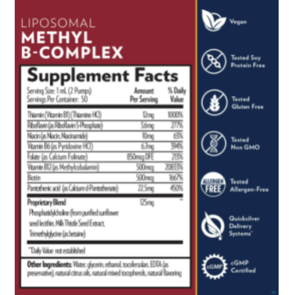 Quicksilver Scientific Quicksilver Liposomal Methyl B-Complex 1.7 Fl Oz supplement facts label showing ingredients and certifications such as vegan, gluten-free, and non-GMO.
