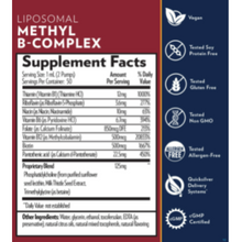 Load image into Gallery viewer, Quicksilver Scientific Quicksilver Liposomal Methyl B-Complex 1.7 Fl Oz supplement facts label showing ingredients and certifications such as vegan, gluten-free, and non-GMO.
