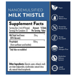 Quicksilver Scientific Nanoemulsified Milk Thistle 30mg supplement facts label.