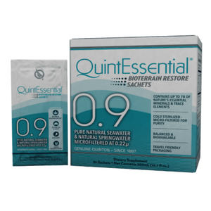 Quicksilver Scientific QuinEssential 0.9 mineral sachets box, 30 sachets for rehydration and digestion support.