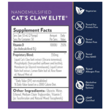 Load image into Gallery viewer, Supplement facts label for Quicksilver Scientific Nanoemulsified Cat&#39;s Claw Elite with Vitamin D and proprietary blend details.
