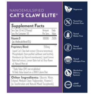 Supplement facts label for Quicksilver Scientific Nanoemulsified Cat's Claw Elite with Vitamin D and proprietary blend details.