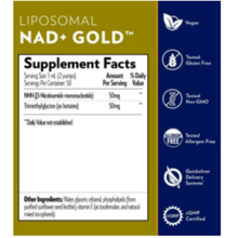 Load image into Gallery viewer, Quicksilver Scientific NAD+ Gold TMG supplement facts label, 50 ml.
