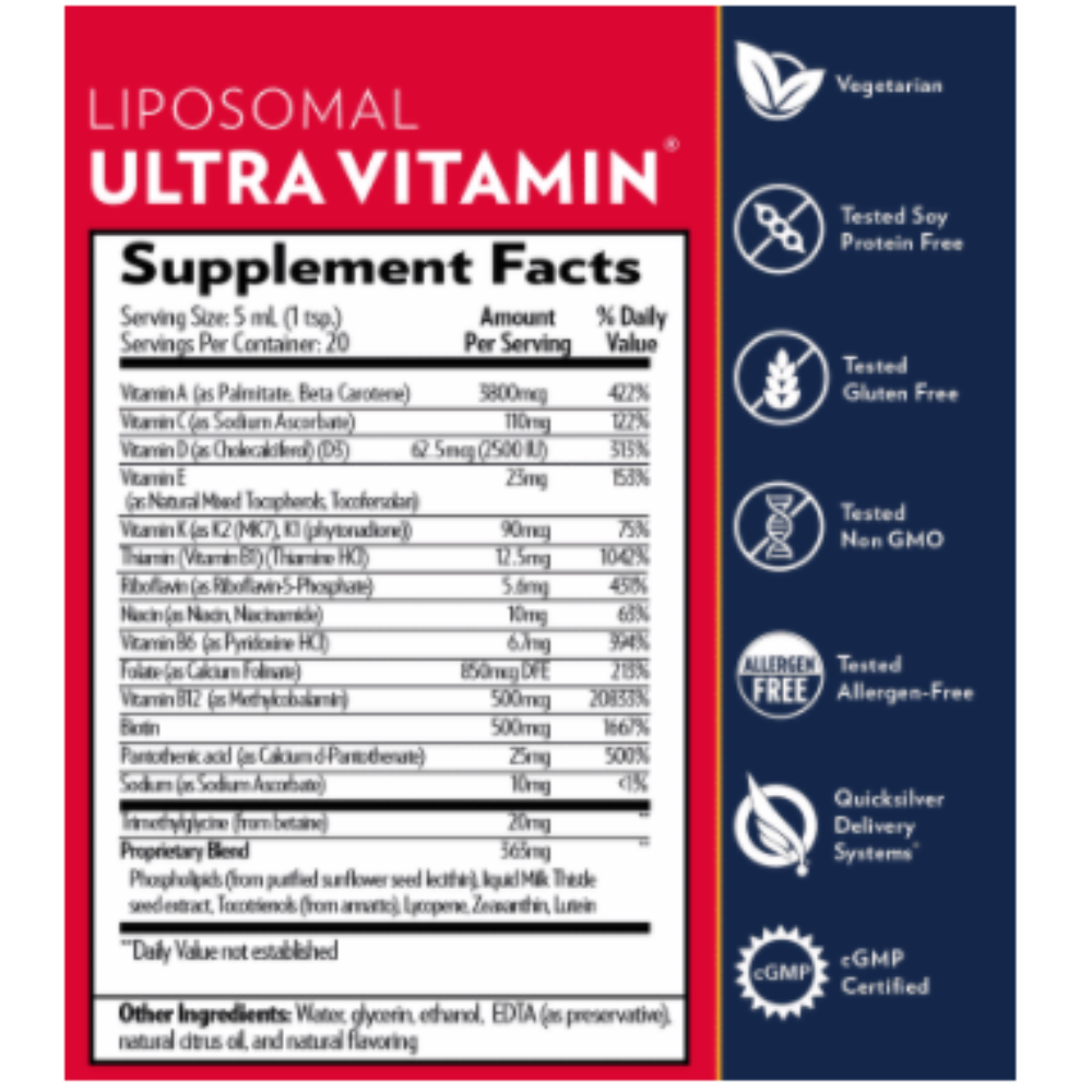 Quicksilver Scientific Ultra Vitamin supplement facts and certifications label, including vegetarian, soy-free, gluten-free, non-GMO, allergen-free, and cGMP certified.