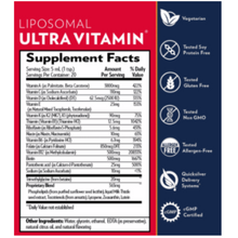 Load image into Gallery viewer, Quicksilver Scientific Ultra Vitamin supplement facts and certifications label, including vegetarian, soy-free, gluten-free, non-GMO, allergen-free, and cGMP certified.
