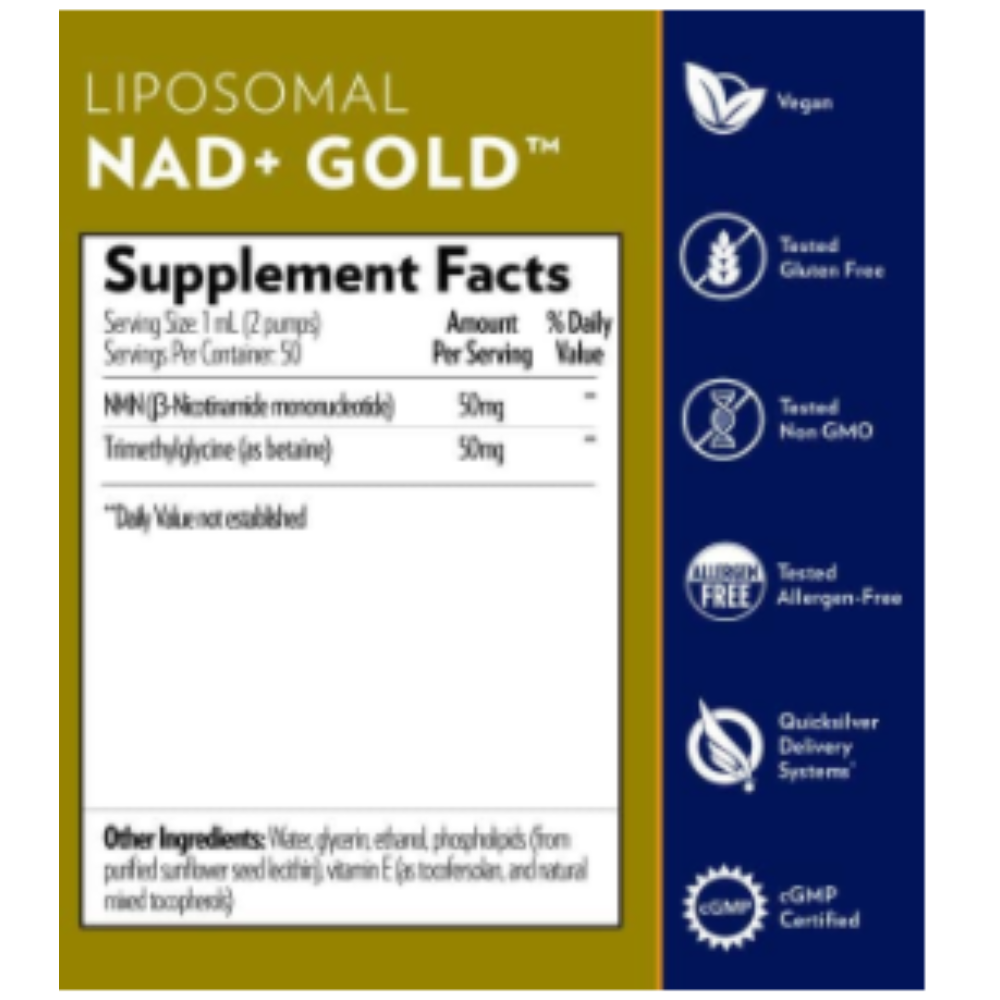 Liposomal NAD+ Gold supplement facts and certifications for Quicksilver Scientific NAD+ Gold TMG.