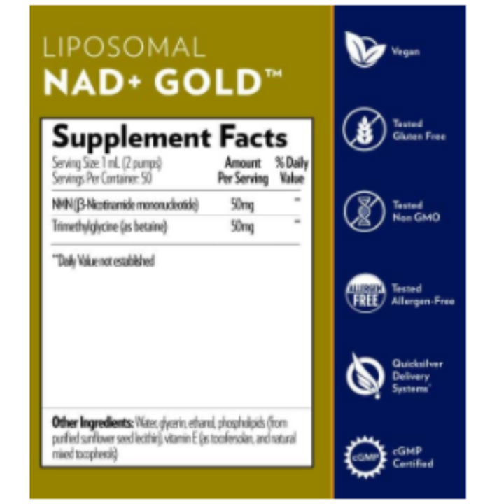Liposomal NAD+ Gold supplement facts and certifications for Quicksilver Scientific NAD+ Gold TMG.