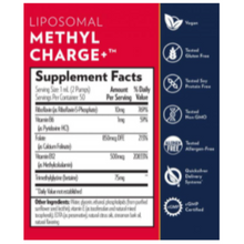 Load image into Gallery viewer, Quicksilver Scientific Methyl Charge+ supplement facts and benefits, featuring ingredients and certifications for methylation support.
